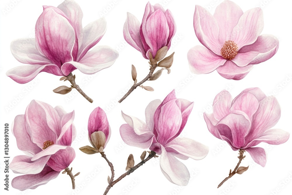Fototapeta premium Pink magnolia blossoms, buds, and branches isolated on white background.