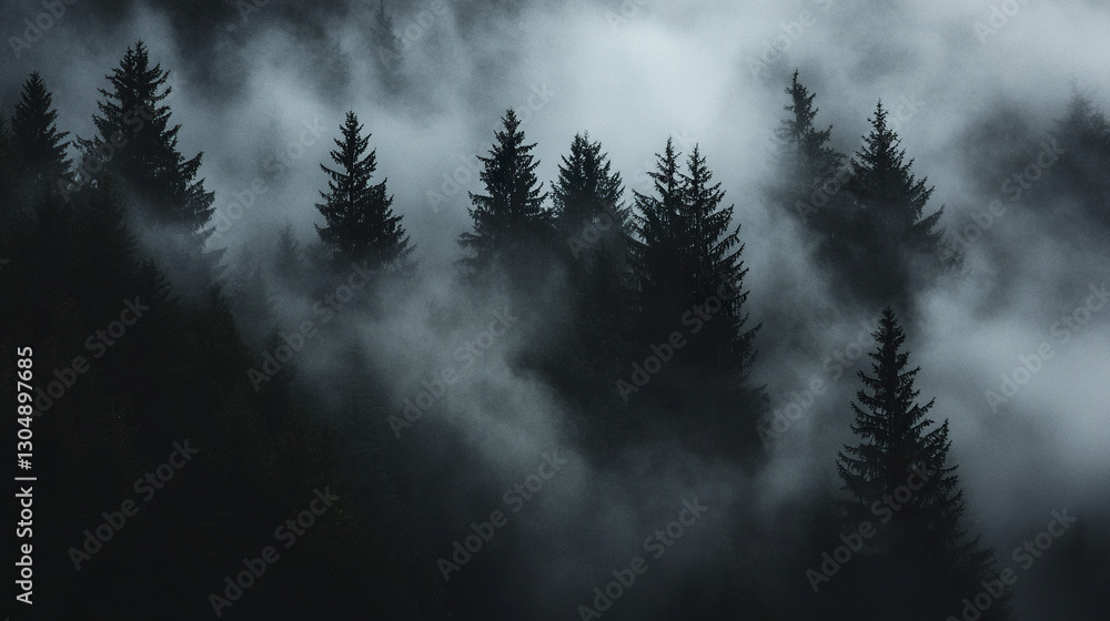 Obraz premium haunting mountain forest shrouded in thick fog creates eerie atmosphere