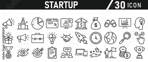 Startup icon set in liner style. Innovation, business plan, investment, launch, funding, investor and entrepreneurship icons. Solid icon collection.