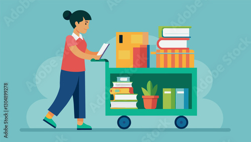 The teacher setting up a mobile cart filled with books and manipulatives for students to use during independent study time.. Vector illustration