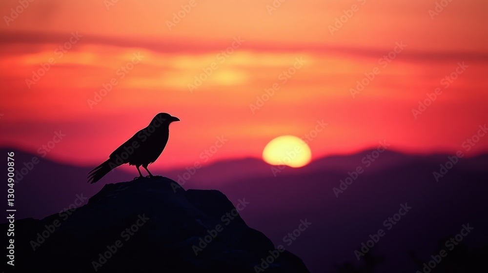 Fototapeta premium Silhouette of a Bird Against a Vibrant Sunset Over Mountains with Colorful Sky in Twilight