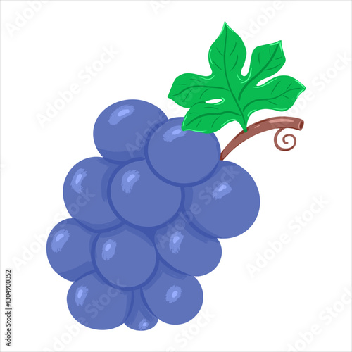 Cartoon purple bunch of grapes with green leave. Hand drawn vector blue grape icon.