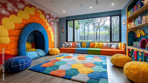 Colorful Playroom Interior Design with Kids Furniture Play Area and Large Window