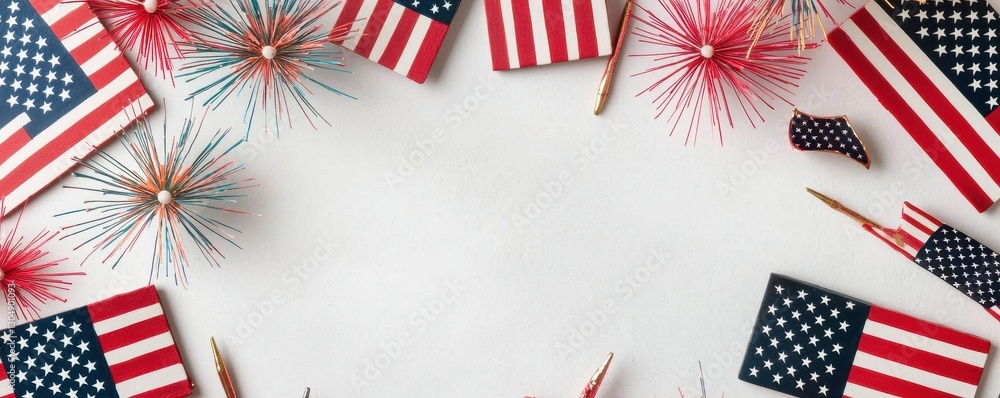 Obraz premium Festive American flags and sparklers create a celebratory border on a neutral background.