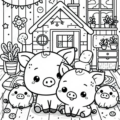 Coloring book cute pigs gather in front of a cozy house with plants and decorations, ai generative