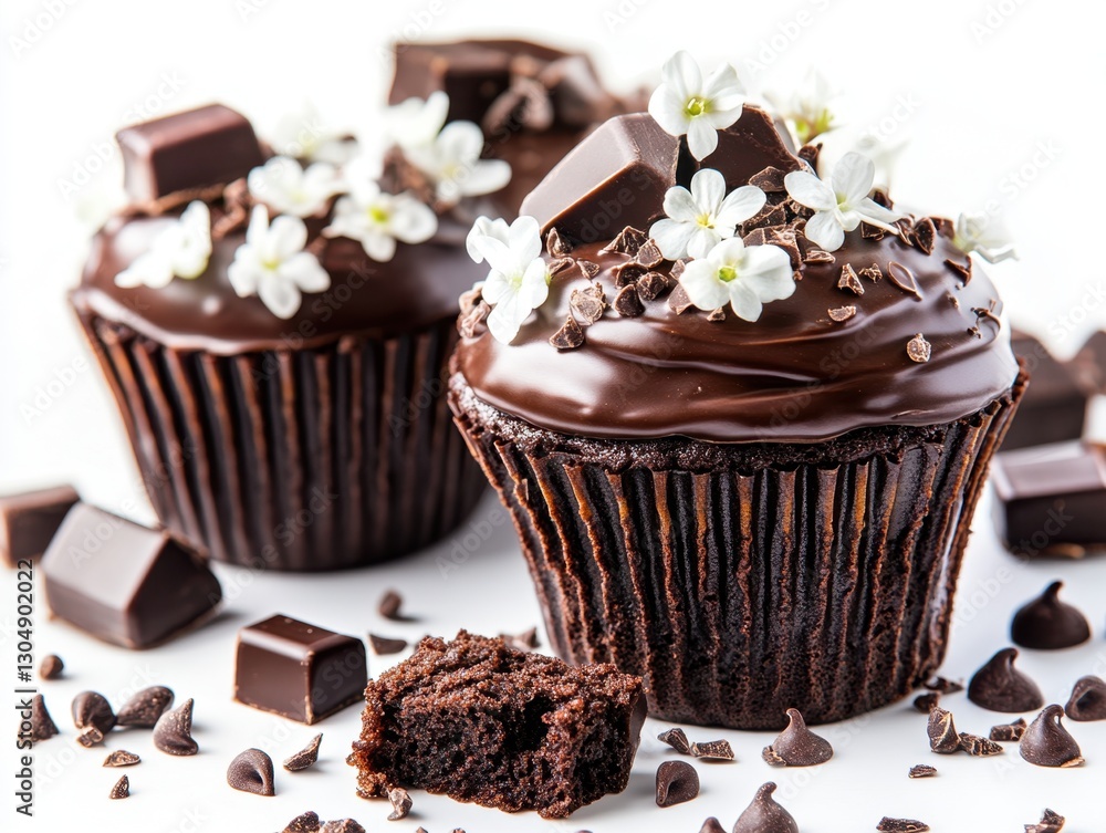 Decadent chocolate cupcakes adorned with delicate white flowers and chocolate chips on a bright background Decadent chocolate cupcakes adorned with delicate white flowers and chocolate chips on a bright background
