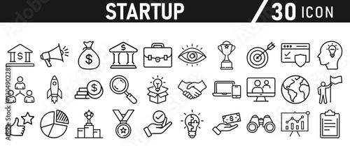 Startup icon set in liner style. Innovation, business plan, investment, launch, funding, investor and entrepreneurship icons. Solid icon collection.