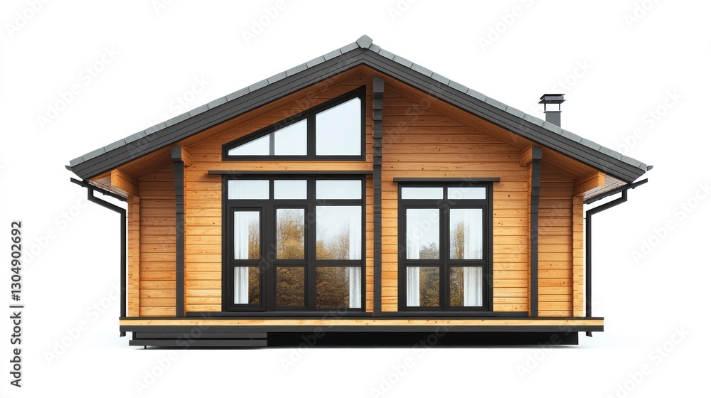 Modern wooden cabin house front view on white background for real estate use Modern wooden cabin house front view on white background for real estate use