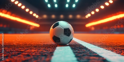 A 3D-style poster concept featuring a futsal ball at the center of a futuristic indoor soccer field or stadium, surrounded by glowing neon tubes and lines in the background.