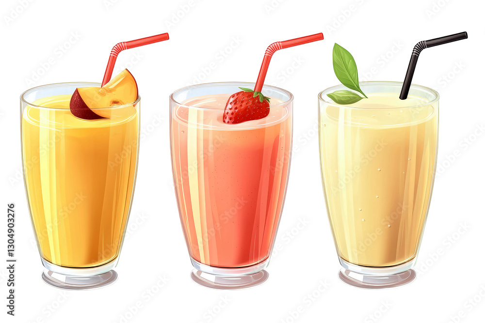 Three delicious smoothies sit in tall glasses, each with its unique flavor and vibrant color, inviting a refreshing experience on a bright sunny day. Three delicious smoothies sit in tall glasses, each with its unique flavor and vibrant color, inviting a refreshing experience on a bright sunny day.