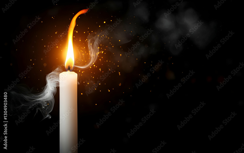 Fototapeta premium A beautiful candle emits a warm glow and flickering flame, creating a serene ambiance with gentle smoke in a dark background.