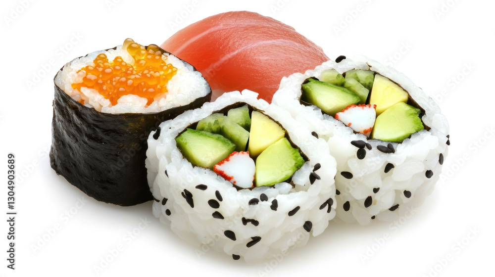 Assorted sushi rolls with vibrant ingredients on white background Assorted sushi rolls with vibrant ingredients on white background