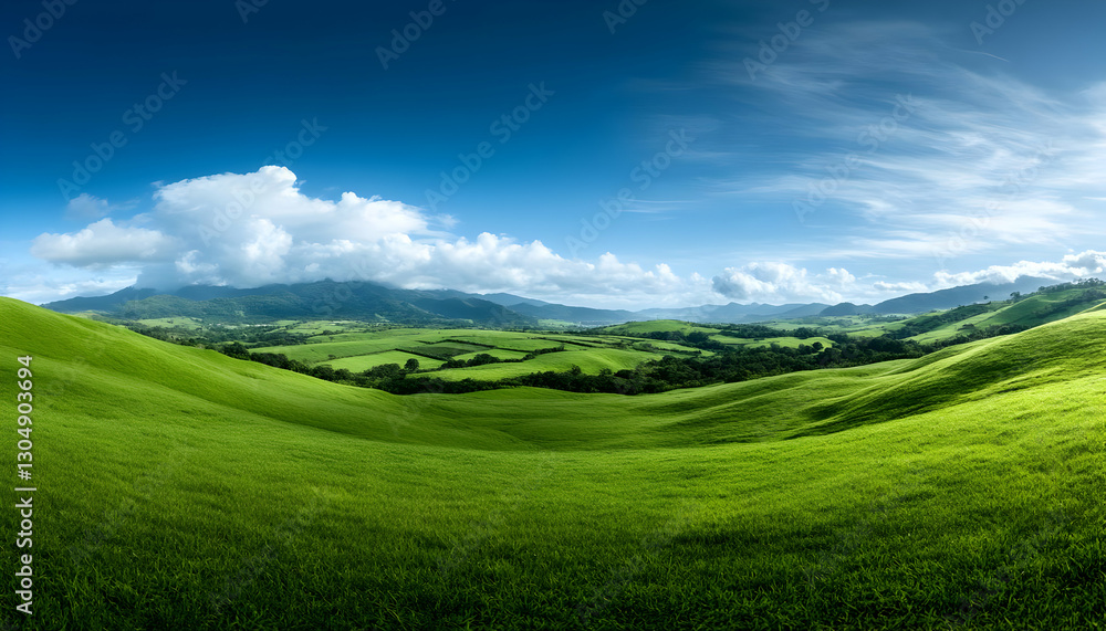 A breathtaking green landscape under a vast blue sky, showcasing rolling hills and fluffy white clouds in the distance. A breathtaking green landscape under a vast blue sky, showcasing rolling hills and fluffy white clouds in the distance.