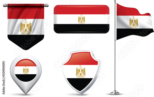A set of 5 different designs of the Egypt national flag in various shapes