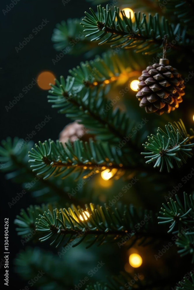 Twinkling pinecone lights on a coniferous tree, cozy, foliage, christmas tree Twinkling pinecone lights on a coniferous tree, cozy, foliage, christmas tree