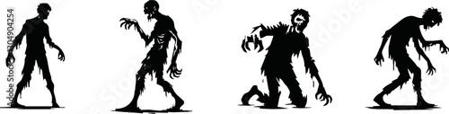 Zombie standing and walking actions in Silhouette style collection. Full lenght of people resurrected from the dead isolated on white.