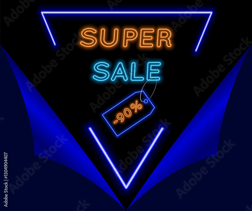 Super promotion with 90% discounts. neon style. in blue and orange. special offer.Vector illustration