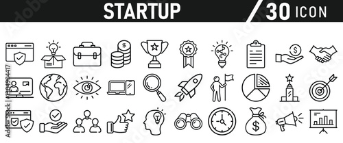 Startup icon set in liner style. Innovation, business plan, investment, launch, funding, investor and entrepreneurship icons. Solid icon collection.