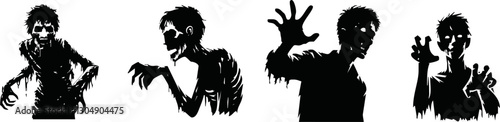 Zombie standing and walking actions in Silhouette style collection. Full lenght of people resurrected from the dead isolated on white.