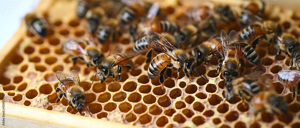 Bees on honeycomb, filling cells; natural food production, close-up shot Bees on honeycomb, filling cells; natural food production, close-up shot