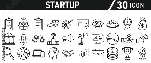 Startup icon set in liner style. Innovation, business plan, investment, launch, funding, investor and entrepreneurship icons. Solid icon collection.