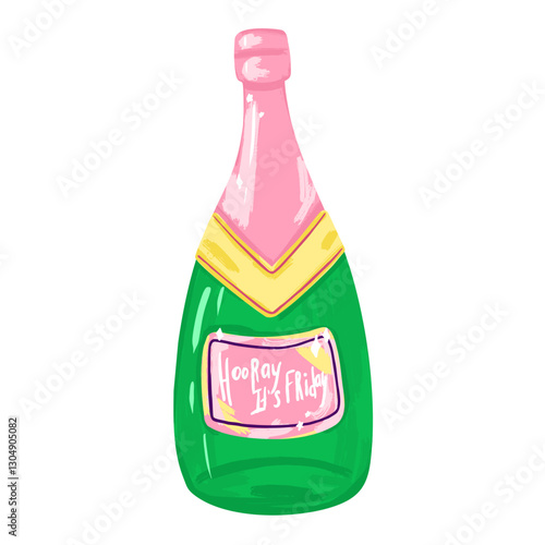 Cartoon champagne bottle. Doodle wine bottle. Pink champagne, Brut, prosecco, Sparkling wines. Hand drawn colorful vector illustrations. Celebration concept.