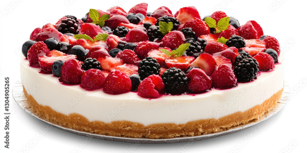Delicious cheesecake topped with fresh berries and mint leaves Delicious cheesecake topped with fresh berries and mint leaves