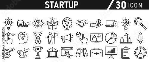 Startup icon set in liner style. Innovation, business plan, investment, launch, funding, investor and entrepreneurship icons. Solid icon collection.