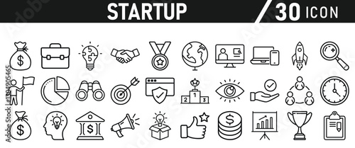 Startup icon set in liner style. Innovation, business plan, investment, launch, funding, investor and entrepreneurship icons. Solid icon collection.