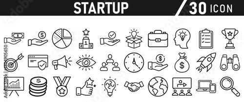 Startup icon set in liner style. Innovation, business plan, investment, launch, funding, investor and entrepreneurship icons. Solid icon collection.