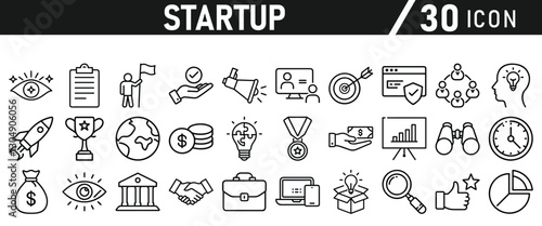 Startup icon set in liner style. Innovation, business plan, investment, launch, funding, investor and entrepreneurship icons. Solid icon collection.