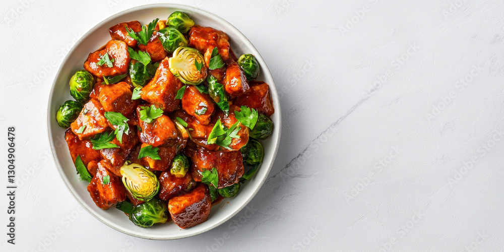 bowl of glazed tofu and Brussels sprouts garnished with fresh herbs bowl of glazed tofu and Brussels sprouts garnished with fresh herbs