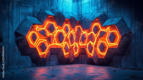 A symmetrical 3D room with neon lighting forming hexagonal patterns on the concrete walls 