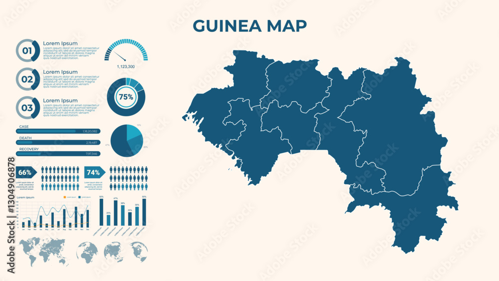 Obraz premium Infographic Map of Guinea. Vector Map of a global map in the form of regions of Guinea. Vector Illustration