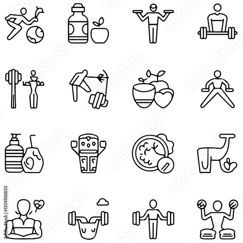 Sport and Fitness set of web icons in line style. Gym and health care. Healthy lifestyle icons. Nutrition and dieting, training, body care, healthy food,........................