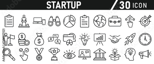 Startup icon set in liner style. Innovation, business plan, investment, launch, funding, investor and entrepreneurship icons. Solid icon collection.