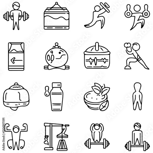 Sport and Fitness set of web icons in line style. Gym and health care. Healthy lifestyle icons. Nutrition and dieting, training, body care, healthy food,...................