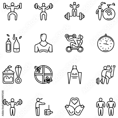 Sport and Fitness set of web icons in line style. Gym and health care. Healthy lifestyle icons. Nutrition and dieting, training, body care, healthy food,.................