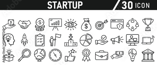 Startup icon set in liner style. Innovation, business plan, investment, launch, funding, investor and entrepreneurship icons. Solid icon collection.