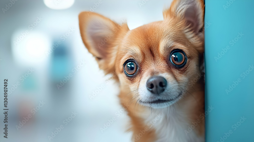 A curious Chihuahua peeks around a corner, showcasing its adorable features and expressive eyes in a bright, inviting environment. A curious Chihuahua peeks around a corner, showcasing its adorable features and expressive eyes in a bright, inviting environment.