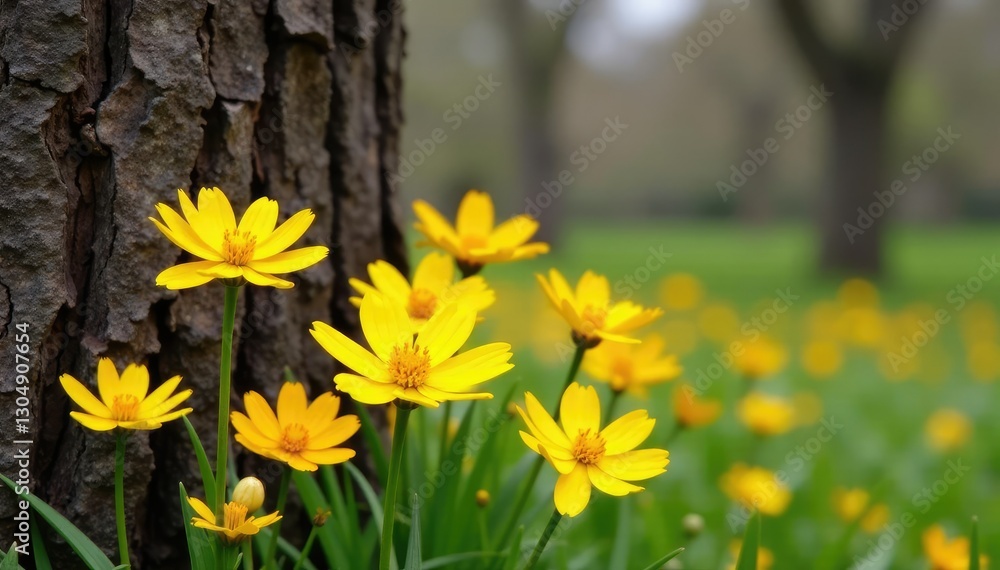 Obraz premium Yellow flowers against tree trunk and branches, flowers in front of a tree, leafless, empty branches