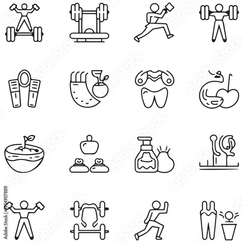 Sport and Fitness set of web icons in line style. Gym and health care. Healthy lifestyle icons. Nutrition and dieting, training, body care, healthy food, workout, 