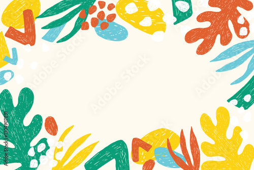 Crayon organic shapes abstract background. Colorful trendy summer vibes background with crayon or pencil natural and bizarre shapes . Template for sale banner, presentations, cover, ads, web banner