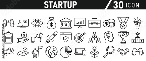 Startup icon set in liner style. Innovation, business plan, investment, launch, funding, investor and entrepreneurship icons. Solid icon collection.