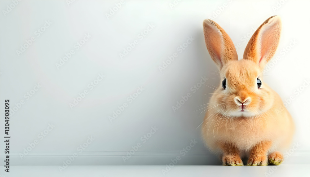 Obraz premium A cute, fluffy rabbit with large ears sitting against a plain background, showcasing its soft fur and playful demeanor.