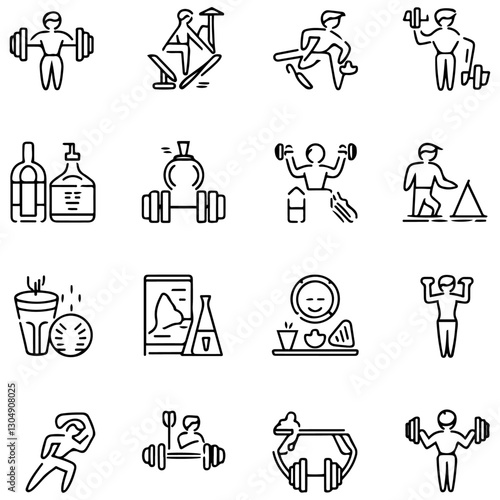 Sport and Fitness set of web icons in line style. Gym and health care. Healthy lifestyle icons. Nutrition and dieting, training, body care, healthy food,..............