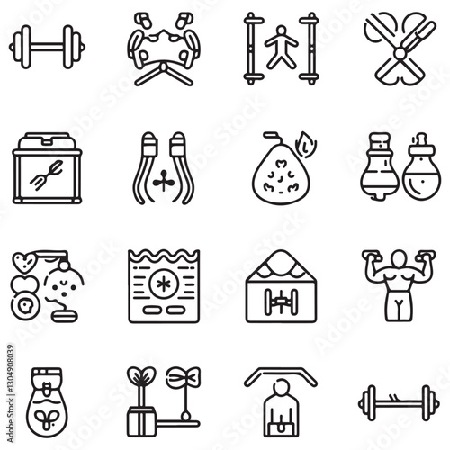 Sport and Fitness set of web icons in line style. Gym and health care. Healthy lifestyle icons. Nutrition and dieting, training, body care, healthy food, workout, muscle,