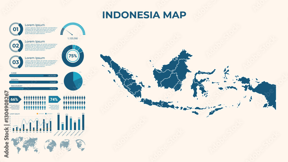 Obraz premium Infographic Map of Indonesia. Vector Map of a global map in the form of regions of Indonesia. Vector Illustration