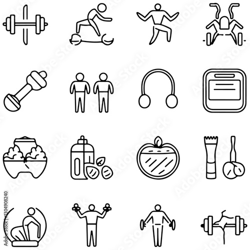 Sport and Fitness set of web icons in line style. Gym and health care. Healthy lifestyle icons. Nutrition and dieting, training, body care, healthy food,......