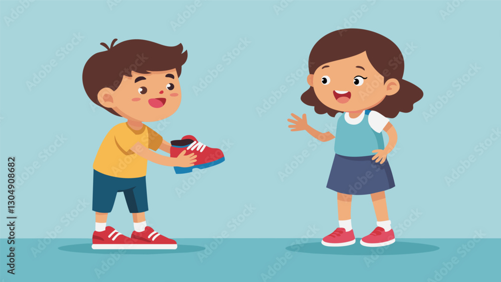 Two siblings playfully arguing over who gets to wear the new pair of shoes they both want for their first day back at school.. Vector illustration Two siblings playfully arguing over who gets to wear the new pair of shoes they both want for their first day back at school.. Vector illustration